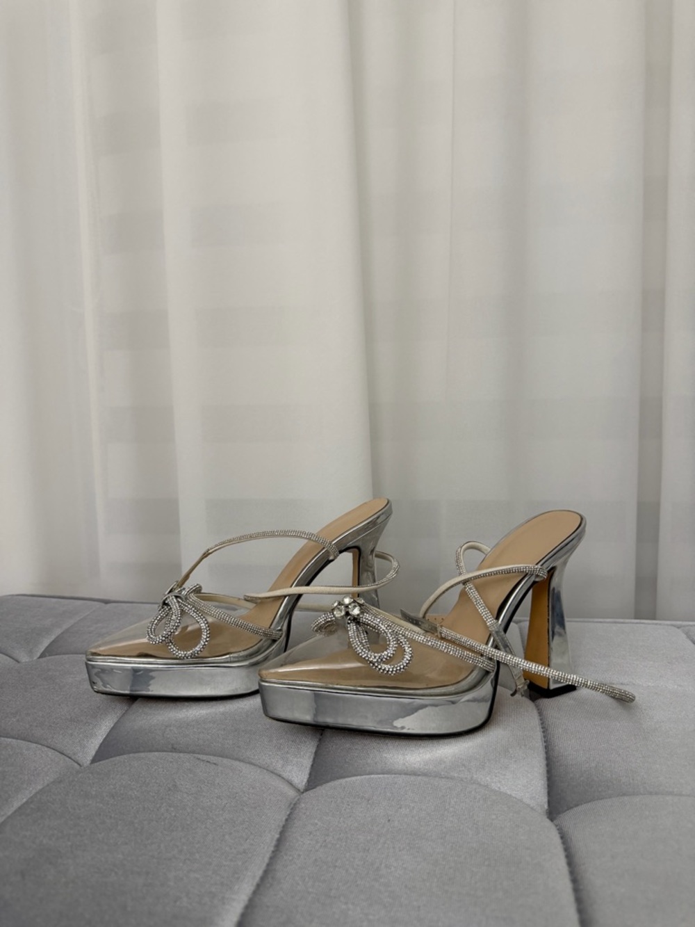 Silver Rhinestone Platform Mule Heels - Picture 2 of 6